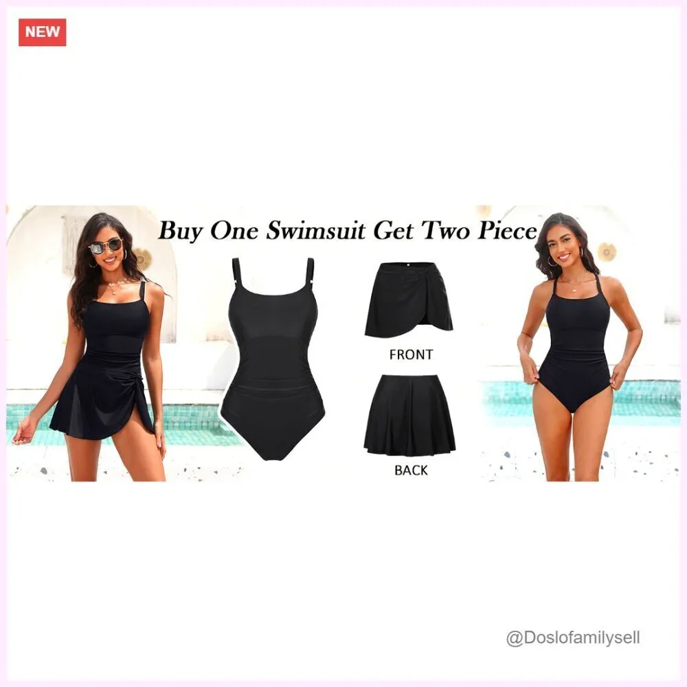Convertible One Piece Swimsuit with Skirt, Removable Pads, Adjustable Straps